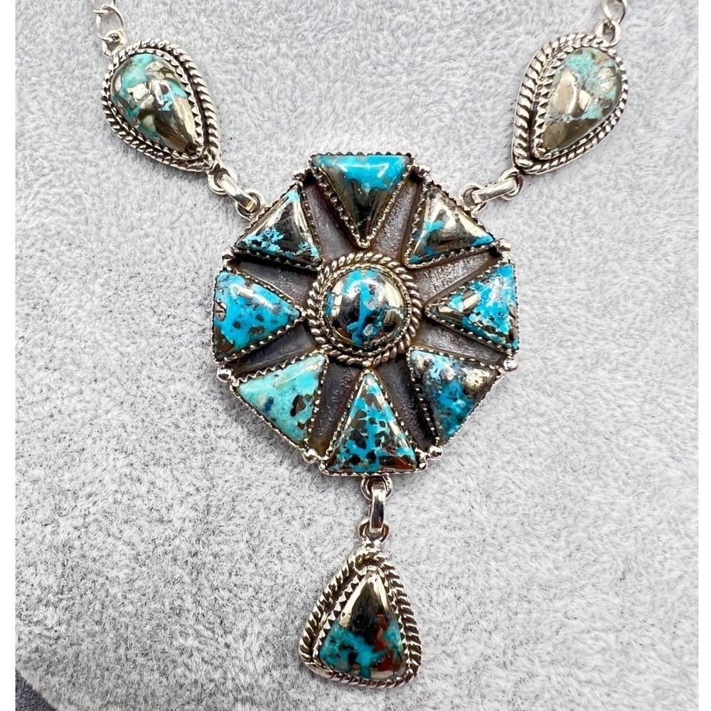 .925 Sterling Silver Turquoise Southwestern Style Y Drop Lariat Cluster Necklace - Picture 1 of 9